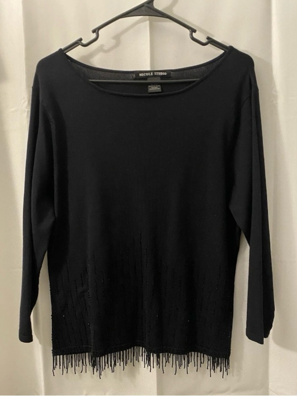 Nicole Studio Black Scoop Neck Sweater with Fringe